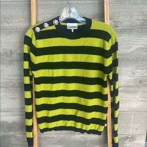 Ganni Lime Green and Black Striped Jeweled Cashmere Sweater